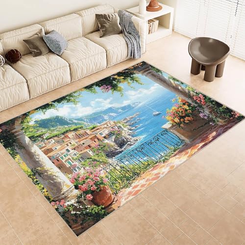 Teppich Kurzflor 140x200 cm Muster Blumen BäUme Berge Burg 3D Druck Teppiche Gegend Maschinenwaschbarer Rutschfester Carpet Aus Kaschmirimitatwarm Und Bequem Wohnzimmer Kinderzimmer Arbeitsbereich von Generisch