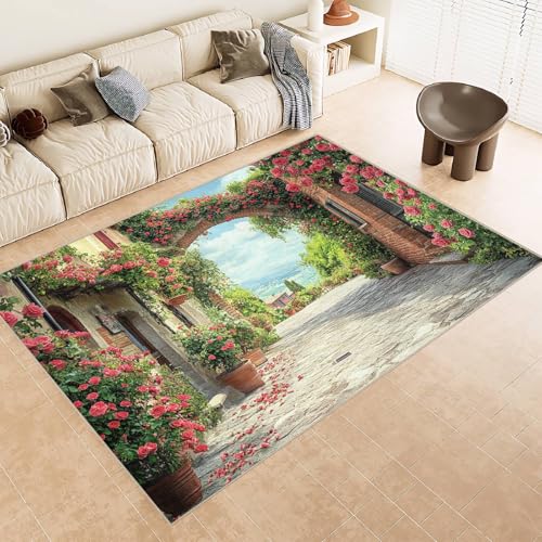Teppich Kurzflor 140x200 cm Muster Blumen BäUme Berge Burg 3D Druck Teppiche Gegend Maschinenwaschbarer Rutschfester Carpet Aus Kaschmirimitatwarm Und Bequem Wohnzimmer Kinderzimmer Arbeitsbereich von Generisch