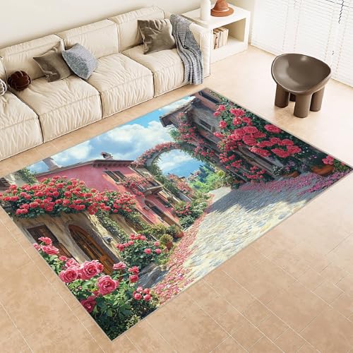 Teppich Kurzflor 140x200 cm Muster Blumen BäUme Berge Burg 3D Druck Teppiche Gegend Maschinenwaschbarer Rutschfester Carpet Aus Kaschmirimitatwarm Und Bequem Wohnzimmer Kinderzimmer Arbeitsbereich von Generisch