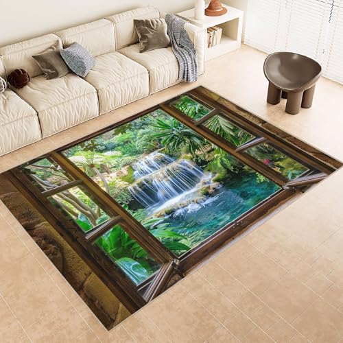 Teppich Kurzflor 140x200 cm Muster Fenster Wasserfall Fluss 3D Druck Teppiche Gegend Maschinenwaschbarer Rutschfester Carpet Aus Kaschmirimitatwarm Und Bequem Wohnzimmer Kinderzimmer Arbeitsbereich von Generisch