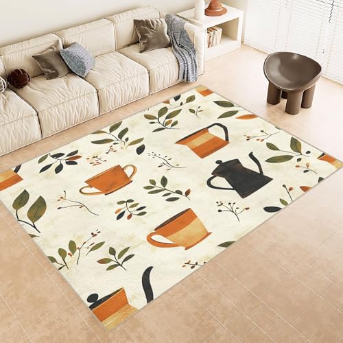 Teppich Kurzflor 140x200 cm Muster Kaffeekanne Bohnen Blatt 3D Druck Teppiche Gegend Maschinenwaschbarer Rutschfester Carpet Aus Kaschmirimitatwarm Und Bequem Wohnzimmer Kinderzimmer Arbeitsbereich von Generisch