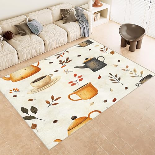 Teppich Kurzflor 140x200 cm Muster Kaffeekanne Bohnen Blatt 3D Druck Teppiche Gegend Maschinenwaschbarer Rutschfester Carpet Aus Kaschmirimitatwarm Und Bequem Wohnzimmer Kinderzimmer Arbeitsbereich von Generisch