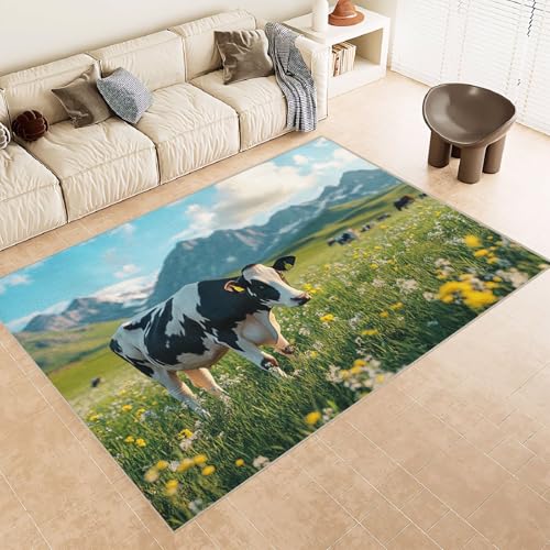 Teppich Kurzflor 140x200 cm Muster KüHe Blumen Gras Berge 3D Druck Teppiche Gegend Maschinenwaschbarer Rutschfester Carpet Aus Kaschmirimitatwarm Und Bequem Wohnzimmer Kinderzimmer Arbeitsbereich von Generisch