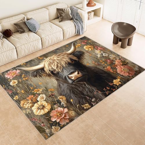 Teppich Kurzflor 140x200 cm Muster Kuh GehöRnte Blumen 3D Druck Teppiche Gegend Maschinenwaschbarer Rutschfester Carpet Aus Kaschmirimitatwarm Und Bequem Wohnzimmer Kinderzimmer Arbeitsbereich von Generisch