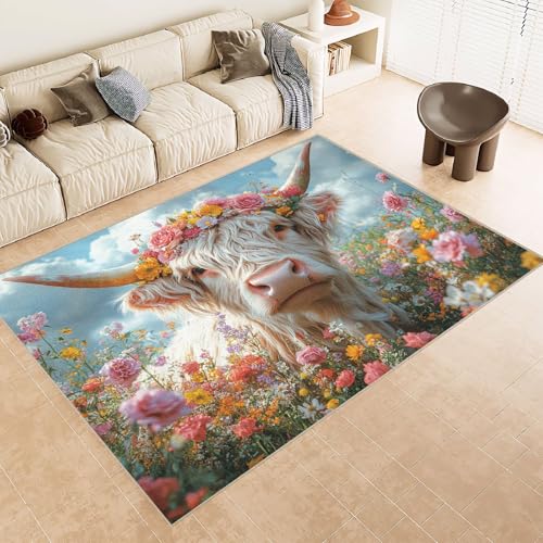 Teppich Kurzflor 140x200 cm Muster Kuh GehöRnte Blumen 3D Druck Teppiche Gegend Maschinenwaschbarer Rutschfester Carpet Aus Kaschmirimitatwarm Und Bequem Wohnzimmer Kinderzimmer Arbeitsbereich von Generisch