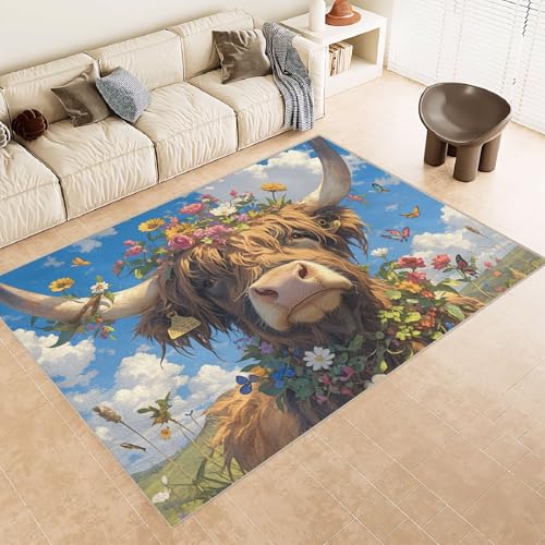 Teppich Kurzflor 140x200 cm Muster Kuh GehöRnte Blumen 3D Druck Teppiche Gegend Maschinenwaschbarer Rutschfester Carpet Aus Kaschmirimitatwarm Und Bequem Wohnzimmer Kinderzimmer Arbeitsbereich von Generisch