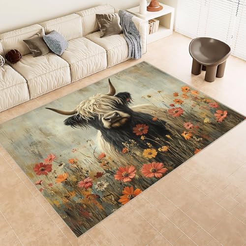 Teppich Kurzflor 140x200 cm Muster Kuh GehöRnte Blumen 3D Druck Teppiche Gegend Maschinenwaschbarer Rutschfester Carpet Aus Kaschmirimitatwarm Und Bequem Wohnzimmer Kinderzimmer Arbeitsbereich von Generisch