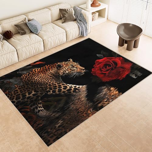 Teppich Kurzflor 140x200 cm Muster Leopard Tier Rot Rosa 3D Druck Teppiche Gegend Maschinenwaschbarer Rutschfester Carpet Aus Kaschmirimitatwarm Und Bequem Wohnzimmer Kinderzimmer Arbeitsbereich von Generisch