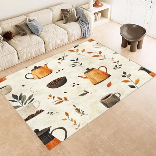 Teppich Kurzflor Kaschmirimitat Weich Strapazierfähig 100x150 cm 3D Muster Kaffeekanne Bohnen Blatt Druck Maschinenwaschbarer Teppich rutschfeste Unterseite Geeignet für Balkone Korridore Restaurants von Generisch
