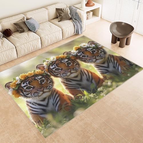 Teppich Kurzflor Kaschmirimitat Weich Strapazierfähig 100x150 cm 3D Muster Tiger Jungtier Blume Druck Maschinenwaschbarer Teppich rutschfeste Unterseite Geeignet für Balkone Korridore Restaurants von Generisch