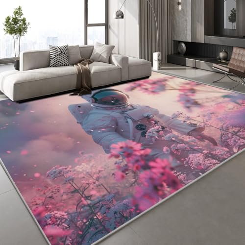 Teppich Kurzflor Kaschmirimitat Weich Strapazierfähig 100x150 cm Blumen Astronaut 3D Muster Romantik Landschaft Druck Teppich rutschfeste Unterseite Geeignet für Bäder Küchen Eingangsbereiche von Generisch