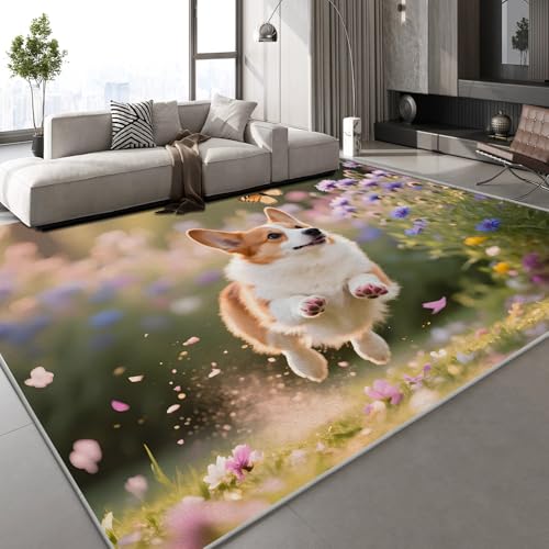 Teppich Kurzflor Kaschmirimitat Weich Strapazierfähig 140x200 cm Corgi Kirschblüte 3D Muster Gras Natur Druck Teppich rutschfeste Unterseite Geeignet für Bäder Küchen Eingangsbereiche von Generisch