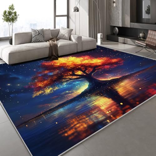 Teppich Kurzflor Kaschmirimitat Weich Strapazierfähig 140x200 cm Großer Baum Bunt 3D Muster Leuchtender Sternenhimmel Druck Teppich rutschfeste Unterseite Geeignet für Bäder Küchen Eingangsbereiche von Generisch