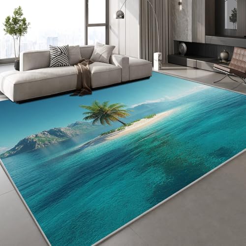 Teppich Kurzflor Kaschmirimitat Weich Strapazierfähig 140x200 cm Meer Insel 3D Muster Landschaft Natur Druck Teppich rutschfeste Unterseite Geeignet für Bäder Küchen Eingangsbereiche von Generisch