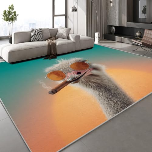 Teppich Kurzflor Kaschmirimitat Weich Strapazierfähig 140x200 cm Strauß Tier 3D Muster Sonnenuntergang Natur Druck Teppich rutschfeste Unterseite Geeignet für Bäder Küchen Eingangsbereiche von Generisch