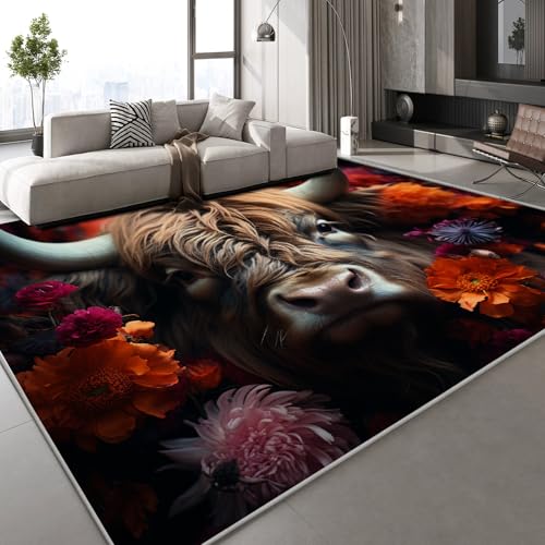 Teppich Kurzflor Kaschmirimitat Weich Strapazierfähig 140x200cm Hochlandrinder Blumen 3D Muster Retro Kunst Druck Teppich rutschfeste Unterseite Geeignet für Bäder Küchen Eingangsbereiche von Generisch