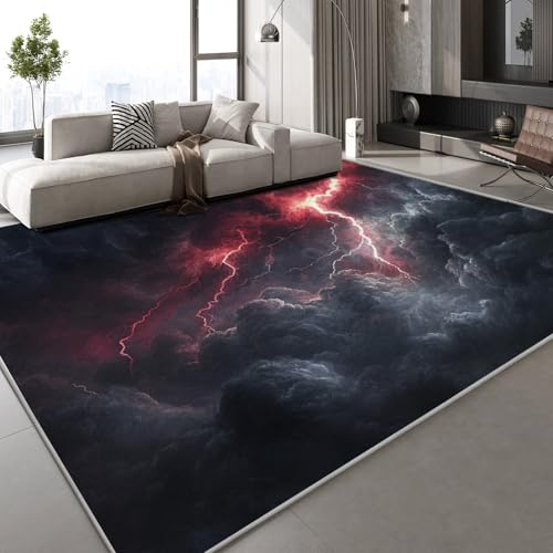 Teppich Kurzflor Kaschmirimitat Weich Strapazierfähig 150x210 cm Blitze Wolken 3D Muster Natur Druck Teppich rutschfeste Unterseite Geeignet für Bäder Küchen Eingangsbereiche von Generisch