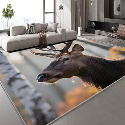 Teppich Kurzflor Kaschmirimitat Weich Strapazierfähig 150x210 cm Hirsch Tier 3D Muster Wald Natur Druck Teppich rutschfeste Unterseite Geeignet für Bäder Küchen Eingangsbereiche von Generisch