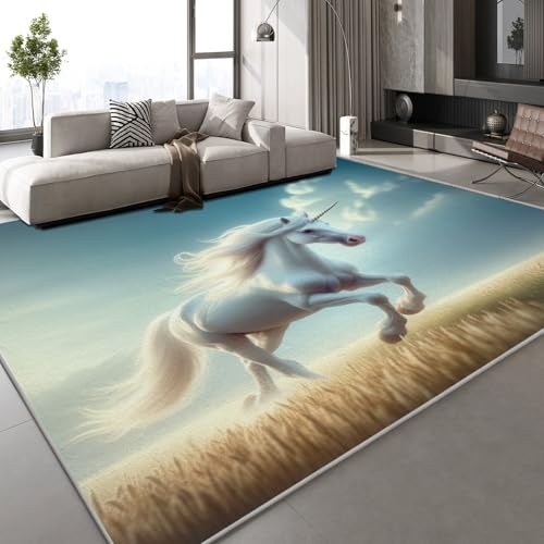 Teppich Kurzflor Kaschmirimitat Weich Strapazierfähig 150x210 cm Pferd Tier 3D Muster Grasland Natur Druck Teppich rutschfeste Unterseite Geeignet für Bäder Küchen Eingangsbereiche von Generisch