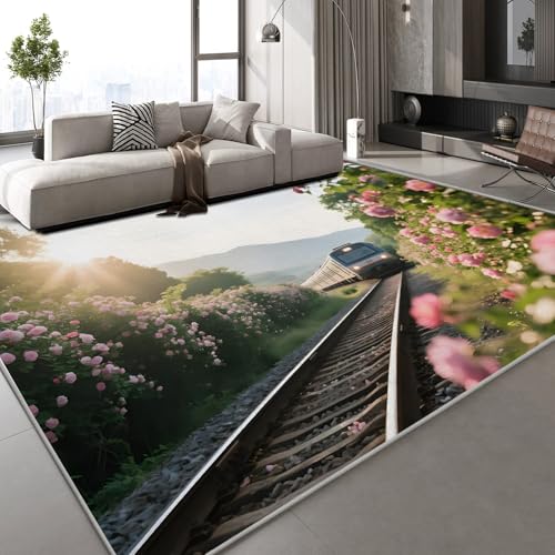Teppich Kurzflor Kaschmirimitat Weich Strapazierfähig 160x230 cm Zug Eisenbahnschienen 3D Muster Blumen Natur Druck Teppich rutschfeste Unterseite Geeignet für Bäder Küchen Eingangsbereiche von Generisch