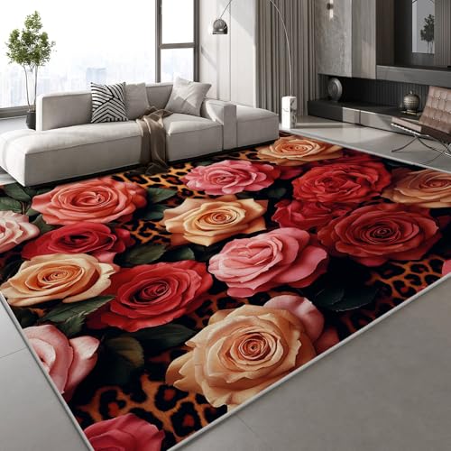 Teppich Kurzflor Kaschmirimitat Weich Strapazierfähig 180x240 cm Rose 3D Muster Anlage Druck Teppich rutschfeste Unterseite Geeignet für Bäder Küchen Eingangsbereiche von Generisch