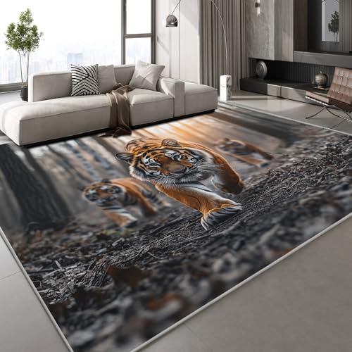 Teppich Kurzflor Kaschmirimitat Weich Strapazierfähig 180x240 cm Tiger Tier 3D Muster Natur Wald Druck Teppich rutschfeste Unterseite Geeignet für Bäder Küchen Eingangsbereiche von Generisch