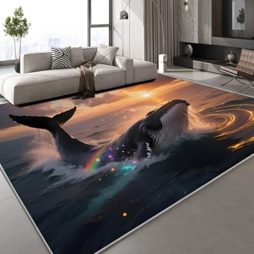 Teppich Kurzflor Kaschmirimitat Weich Strapazierfähig 180x240 cm Wal Meer 3D Muster Regenbogen Sonnenuntergang Druck Teppich rutschfeste Unterseite Geeignet für Bäder Küchen Eingangsbereiche von Generisch