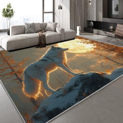 Teppich Kurzflor Kaschmirimitat Weich Strapazierfähig 180x240 cm Wolfsmond 3D Muster Wald Natur Druck Teppich rutschfeste Unterseite Geeignet für Bäder Küchen Eingangsbereiche von Generisch