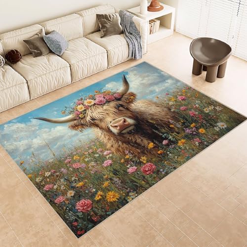 Teppich Kurzflor Kaschmirimitat Weich Strapazierfähig 50x80 cm 3D Muster Yak Blumen Grasland Druck Maschinenwaschbarer Teppich rutschfeste Unterseite Geeignet für Bäder Küchen Eingangsbereiche von Generisch