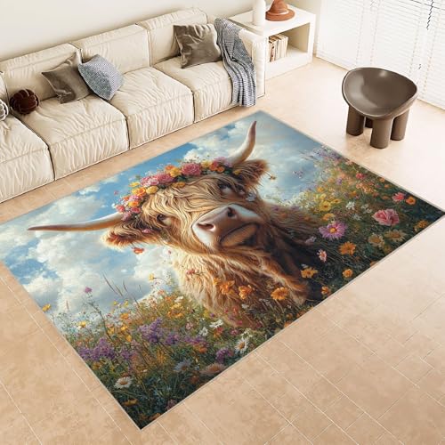 Teppich Kurzflor Kaschmirimitat Weich Strapazierfähig 60x120 cm 3D Muster Kuh GehöRnte Blumen Druck Maschinenwaschbarer Teppich rutschfeste Unterseite Geeignet für Balkone Korridore Restaurants von Generisch