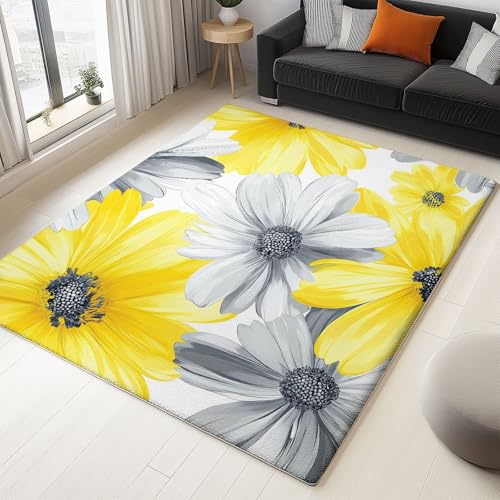 Teppich Kurzflor Teppiche 160 x 230 cm waschbar, pflegeleicht und robust ideal Blumen Blütenblätter fürs Wohnzimmer, Schlafzimmer und Kinderzimmer auch als Badematte Gelb-Grau von Generisch