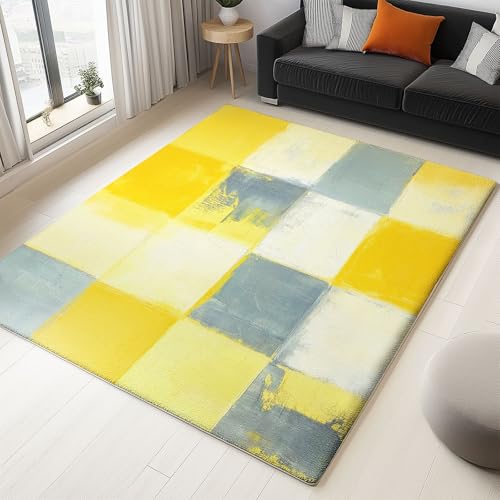 Teppich Kurzflor Teppiche 180 x 240 cm waschbar, pflegeleicht und robust ideal Aquarell Quadrate fürs Wohnzimmer, Schlafzimmer und Kinderzimmer auch als Badematte Gelb-Grau von Generisch