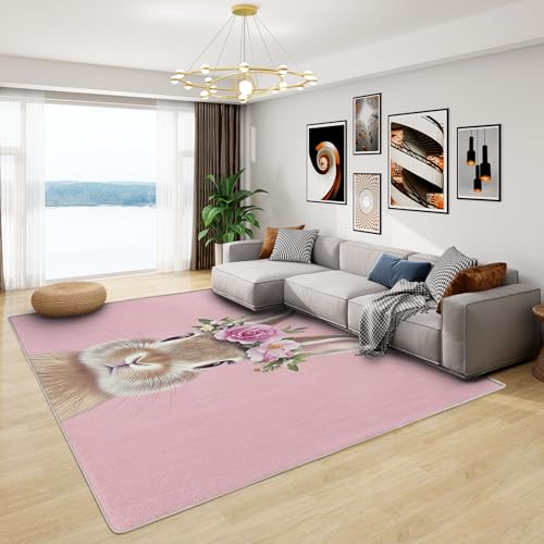 Teppich Mädchen Hase - Teppich Wohnzimmer Schlafzimmer Hasen Kinderzimmer, Kleiner Teppich Kaninchen Kinder Rosa, Weich Kurzflor & Waschbar & rutschfest Fussmatte Innen, Kinderteppich 80x150 cm von Generisch