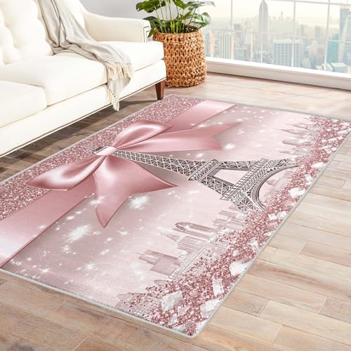 Teppich Mit Rosa Schleifen - Teppich Wohnzimmer Schlafzimmer Paris Eiffelturm, Großer Teppich Teenager Mädchen, Weich Kurzflor & Waschbar & rutschfest Wohnzimmerteppich, Kinderteppich, 100x200 cm von Generisch