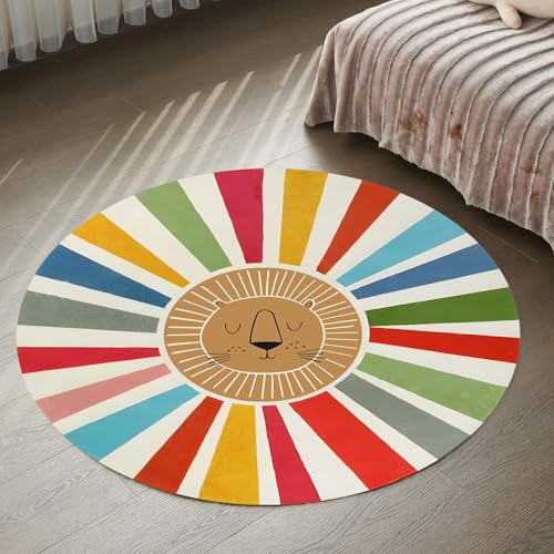 Teppich Rund,bunter Schwarztee, Blaugrün, Regenbogenstreifen, Löwenmuster, Gelb, ø 70 cm, Kurzflor Teppiche Waschbar Anti-Rutsch Fußmatten Heimat Sekretariat Heimbüro Sofa, von Generisch