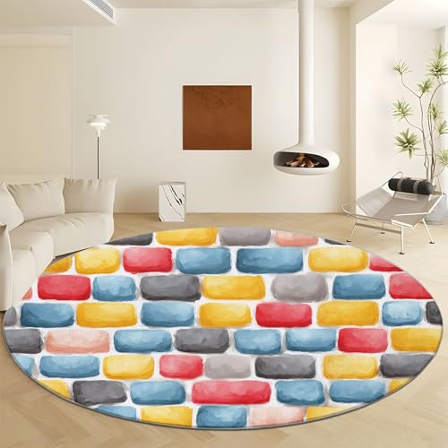 Teppich Rund 100 cm Bunte Geometrische Wandfliesen rutschfest Teppiche, Kurzflor Waschbar Runder Läufer - Weich Handgezeichneter Stil Wohnzimmerteppich for Schlafzimmer Studie Heimbüro von Generisch