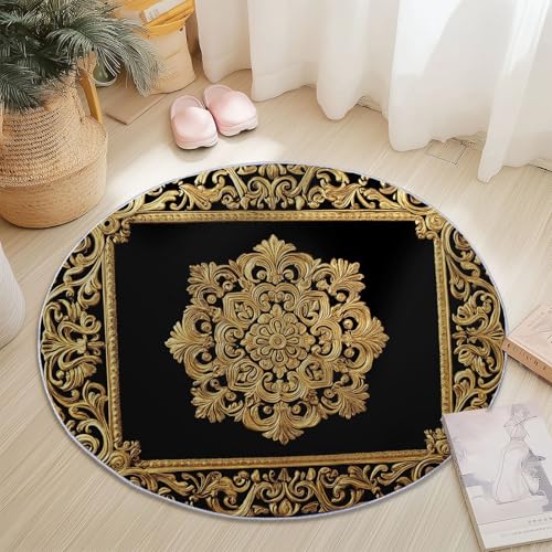 Teppich Rund 100 cm Moderne Rechteckige Bordüren, rutschfest Teppiche Wohnzimmer, Runder Waschbar Rund Teppiche Kurzflor, Weich Runder Teppich Schwarz Gold for Wohnzimmer Schlafzimmer Studie von Generisch