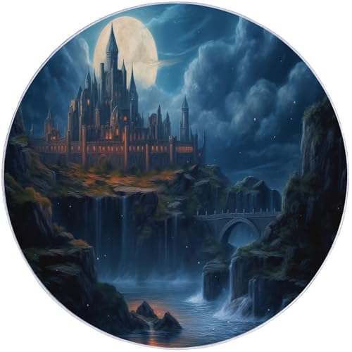 Teppich Rund 100 cm rutschfest Teppiche Wohnzimmer Runder, Fantasy-Retro-Schloss Waschbar Rund Teppiche - Kurzflor Weich Runder Teppich Dunkelblau for Wohnzimmer Schlafzimmer Studie Heimbüro von Generisch