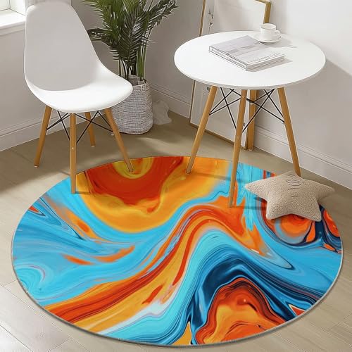 Teppich Rund 100 cm rutschfest Teppiche Wohnzimmer mit Abstrakter Flüssiger Marmor Muster, Teppiche Runder Kurzflor Waschbar Weich, Runder Teppich Orange Blau for Schlafzimmer Studie Heimbüro Teppich Rund 100 cm rutschfest Teppiche Wohnzimmer mit Abstrakter Flüssiger Marmor Muster, Teppiche Runder Kurzflor Waschbar Weich, Runder Teppich Orange Blau for Schlafzimmer Studie Heimbüro von Generisch