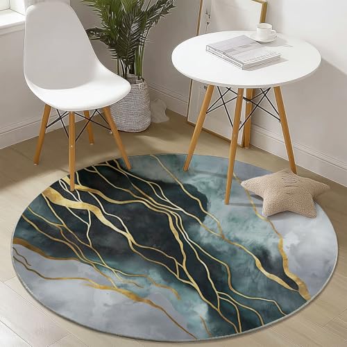 Teppich Rund 150 cm rutschfest Teppiche Wohnzimmer mit Abstrakte Goldene Linien Muster, Teppiche Runder Kurzflor Waschbar Weich, Runder Teppich Cyan Schwarz for Schlafzimmer Studie Heimbüro von Generisch