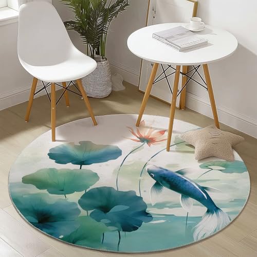 Teppich Rund 150 cm rutschfest Teppiche Wohnzimmer mit Chinesisches Lotusblatt Fisch Muster, Teppiche Runder Kurzflor Waschbar Weich, Runder Teppich Blaugrün for Schlafzimmer Studie Heimbüro Teppich Rund 150 cm rutschfest Teppiche Wohnzimmer mit Chinesisches Lotusblatt Fisch Muster, Teppiche Runder Kurzflor Waschbar Weich, Runder Teppich Blaugrün for Schlafzimmer Studie Heimbüro von Generisch