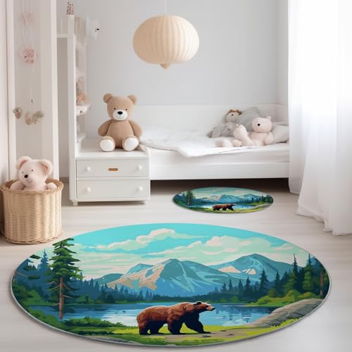 Teppich Rund 160 cm, Waschbar Kurzflor Rutschfester Natur Ölgemälde Bär Wald Bedruckter Teppich für Wohnzimmer Kinderzimmer Büro Dekorieren - Hellblau Teppich Rund 160 cm, Waschbar Kurzflor Rutschfester Natur Ölgemälde Bär Wald Bedruckter Teppich für Wohnzimmer Kinderzimmer Büro Dekorieren - Hellblau von Generisch