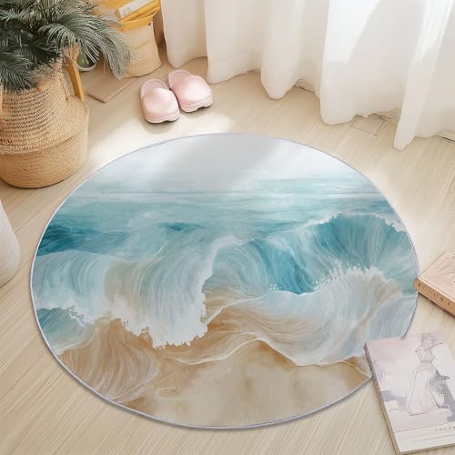 Teppich Rund 160 cm, Weich und Flauschig Gegend Kreis rutschfest, Waschbar Natur Aquarell Strand Wellen Drucken Dekorieren Robuster Teppich für Wohnzimmer Schlafzimmer, Hellblau Teppich Rund 160 cm, Weich und Flauschig Gegend Kreis rutschfest, Waschbar Natur Aquarell Strand Wellen Drucken Dekorieren Robuster Teppich für Wohnzimmer Schlafzimmer, Hellblau von Generisch