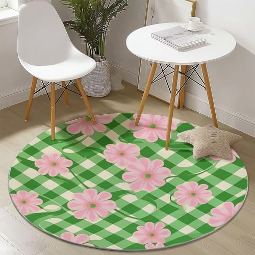Teppich Rund 160 cm rutschfest Teppiche Wohnzimmer mit Retro Blumen Gitter Muster, Teppiche Runder Kurzflor Waschbar Weich, Runder Teppich Rosa Grün for Schlafzimmer Studie Heimbüro von Generisch