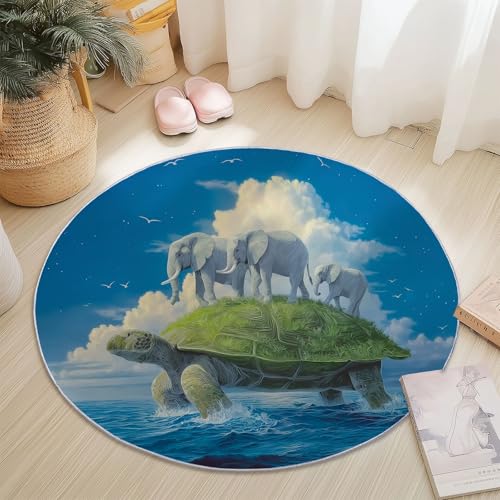 Teppich Rund 180 cm, Weich und Flauschig Gegend Kreis rutschfest, Waschbar Fantasie Cartoon Schildkröte Illustration Malerei Drucken Dekorieren Robuster Teppich für Wohnzimmer Schlafzimmer, Blau von Generisch