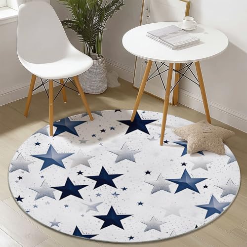 Teppich Rund 180 cm rutschfest Teppiche Wohnzimmer mit Einfacher Fünfzackiger Stern Muster, Teppiche Runder Kurzflor Waschbar Weich, Runder Teppich Marineblau Silber for Schlafzimmer Studie Heimbüro von Generisch