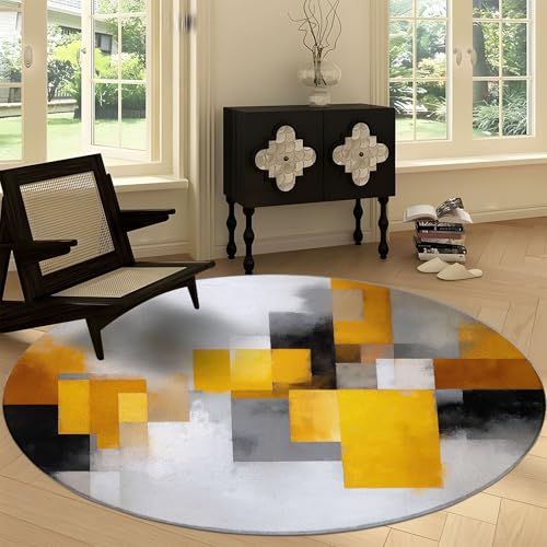 Teppich Rund 60 cm Abstrakte Gelbe Quadrate Geometrie rutschfest Teppiche, Kurzflor Waschbar Runder Läufer - Weich Moderne Kunst Wohnzimmerteppich for Schlafzimmer Studie Heimbüro von Generisch