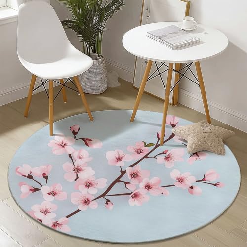 Teppich Rund 60 cm rutschfest Teppiche Wohnzimmer mit Minimalistischer Kirschblütenzweig Muster, Teppiche Runder Kurzflor Waschbar Weich, Runder Teppich Rosa Blau for Schlafzimmer Studie Heimbüro Teppich Rund 60 cm rutschfest Teppiche Wohnzimmer mit Minimalistischer Kirschblütenzweig Muster, Teppiche Runder Kurzflor Waschbar Weich, Runder Teppich Rosa Blau for Schlafzimmer Studie Heimbüro von Generisch