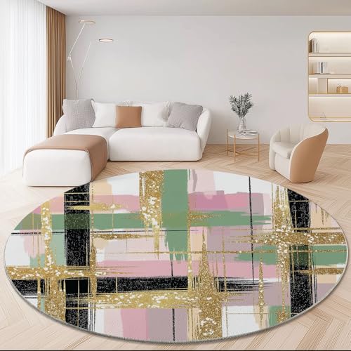 Teppich Rund Abstrakt Glitzerkaro Linien Drucken rutschfest Waschbar Runder Teppich 160 cm für Wohnzimmer Kinderzimmer Büro Korridor, Weich Flaumig Flanell Teppiche Gold Rosa von Generisch
