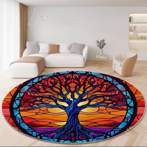 Teppich Rund Fantasie Stil 150cm, Weich Waschbar rutschfest Teppiche Sonnenuntergang Glas Lebensbaum Kurzflor Bedruckter Teppich Geeignet für Wohnzimmer Schlafzimmer Farbe von Generisch